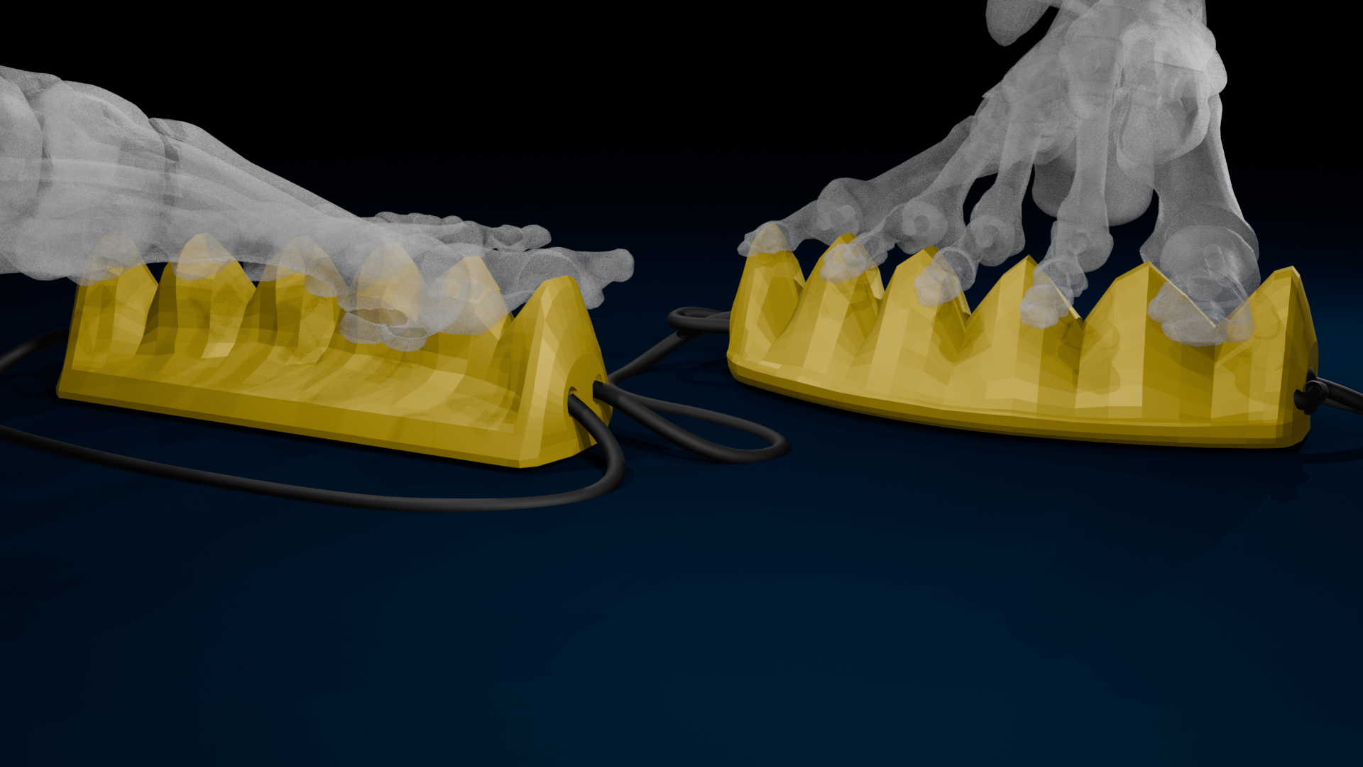 Two yellow dental impression trays with green dental mold material, connected to black cords, with steam or vapor rising from the molds.