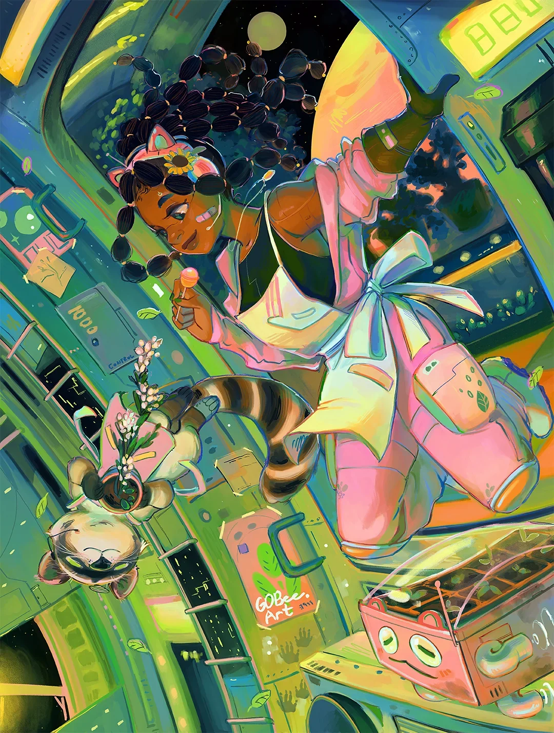 sci fi black magical girl in space with her pet racoon and robot. they are botanists helping plants in celestial space