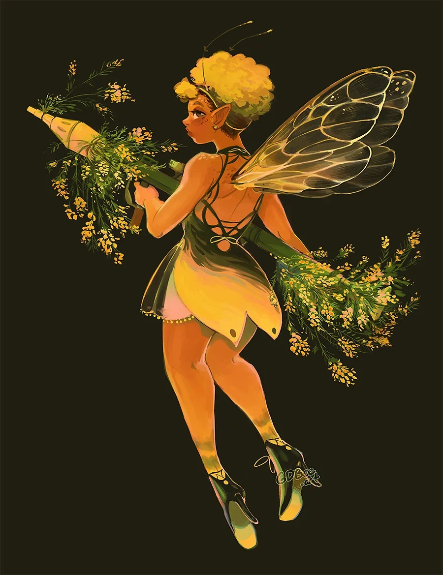 Whimsical "Weapon Fairies" character illustration by Geneva B/ GDBEE ART / Geneva Bowers. A Black fairy character blending soft floral aesthetics with fantasy weaponry. Unique diverse character design for fans of D&D, faery and magical girl subversio