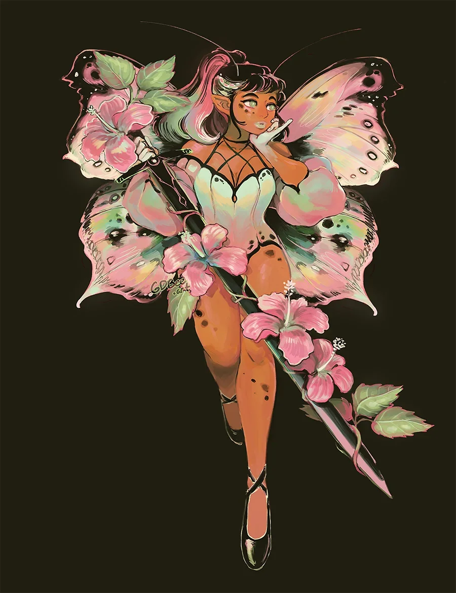 Whimsical "Weapon Fairies" character illustration by Geneva B/ GDBEE ART / Geneva Bowers. A Black fairy character blending soft floral aesthetics with fantasy weaponry. Unique diverse character design for fans of D&D, faery and magical girl subversio