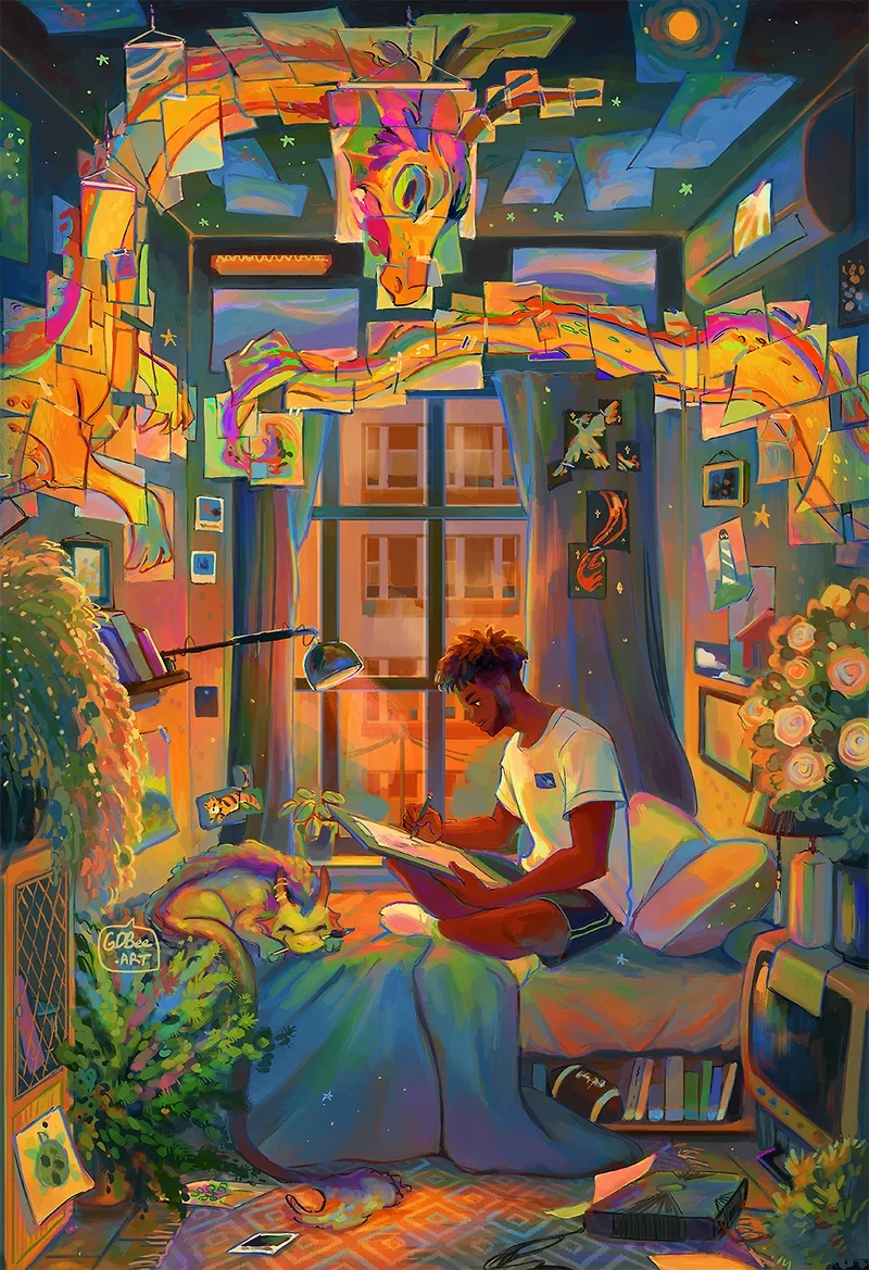 Cozy POC fantasy art "Paper Dragon Room" by Geneva B. A whimsical illustration of a Black woman relaxing in a bedroom filled with paper dragons and warm lighting. Perfect for lofi aesthetic and magical realism art lovers.