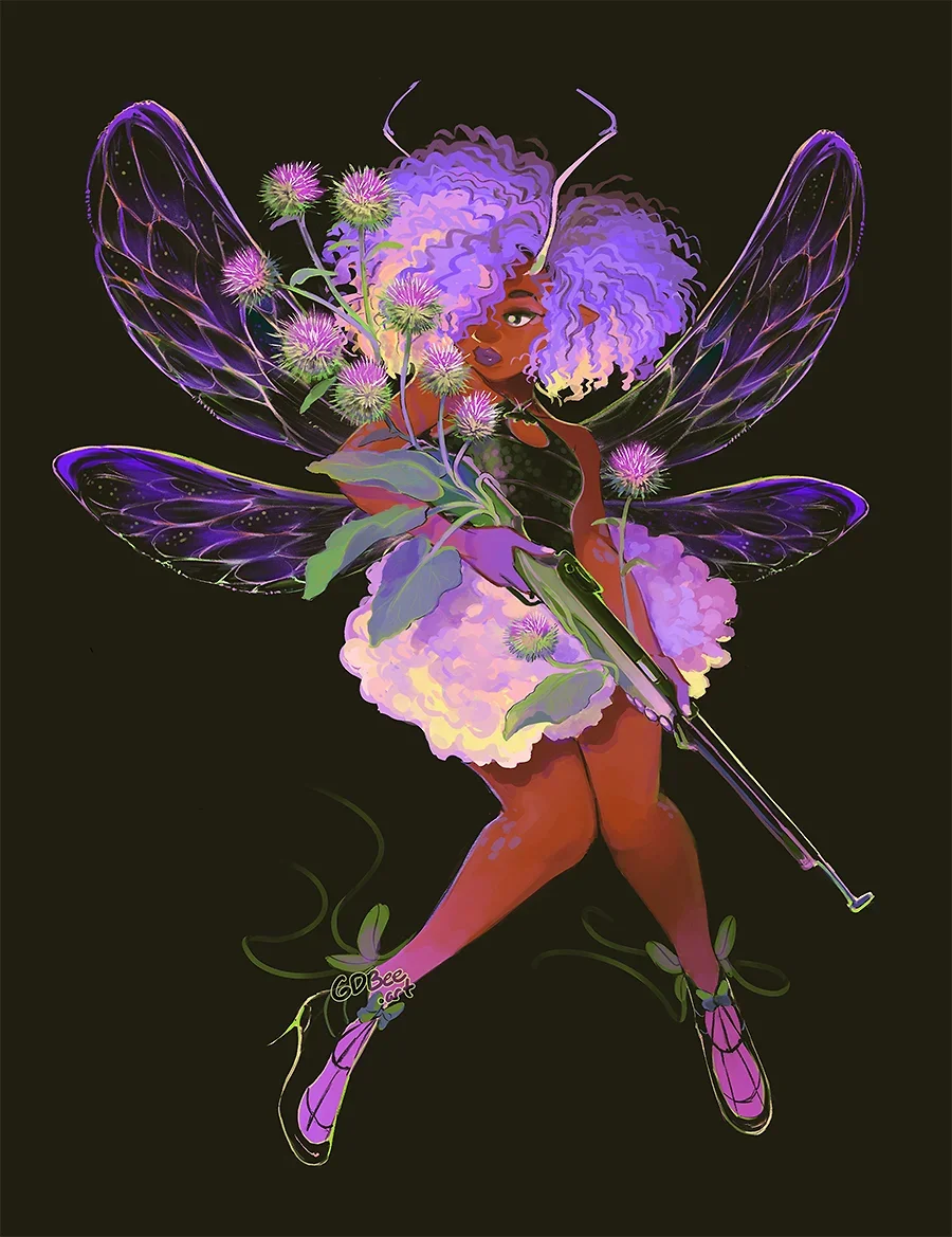 Whimsical "Weapon Fairies" character illustration by Geneva B/ GDBEE ART / Geneva Bowers. A Black fairy character blending soft floral aesthetics with fantasy weaponry. Unique diverse character design for fans of D&D, faery and magical girl subversio
