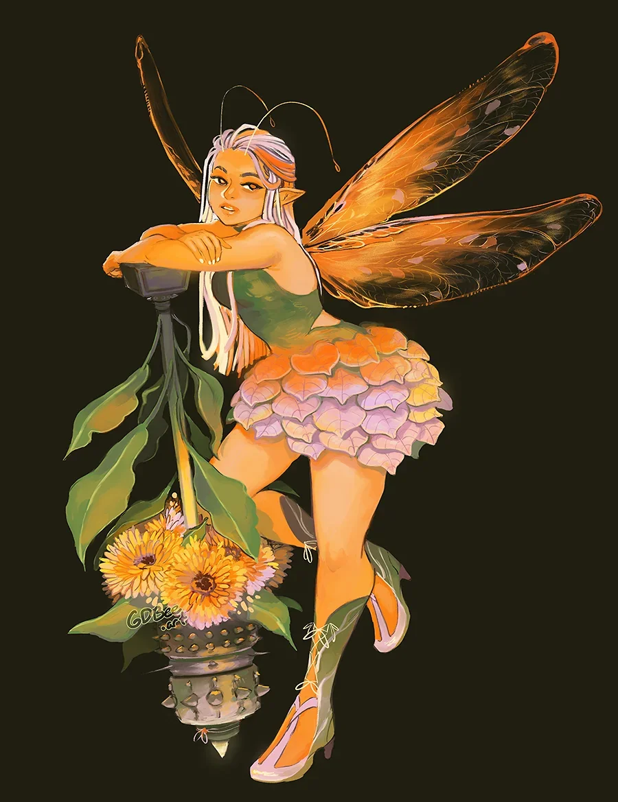 Whimsical "Weapon Fairies" character illustration by Geneva B/ GDBEE ART / Geneva Bowers. A Black fairy character blending soft floral aesthetics with fantasy weaponry. Unique diverse character design for fans of D&D, faery and magical girl subversio