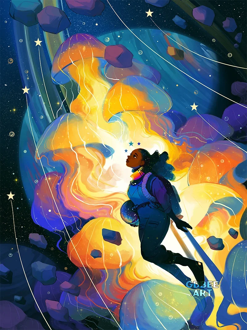 Geneva B digital illustration titled Voyage, featuring a stylized astronaut navigating a purple nebula and star cluster. Lo-fi sci-fi aesthetic with vibrant celestial lighting GDBEE ART
