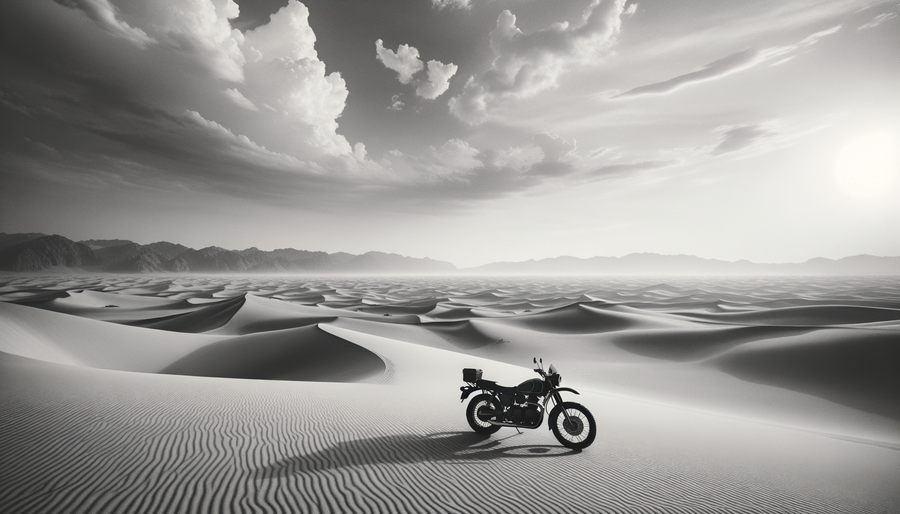 A motorcycle parked on sand dunes in a desert with mountains and clouds in the background, black and white photograph.