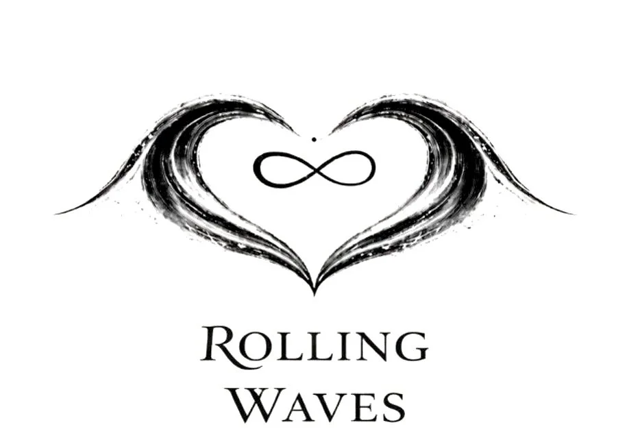 Stylized black and white heart with an infinity symbol in the center, surrounded by abstract wave-like lines, and the text 'Rolling Waves' underneath.