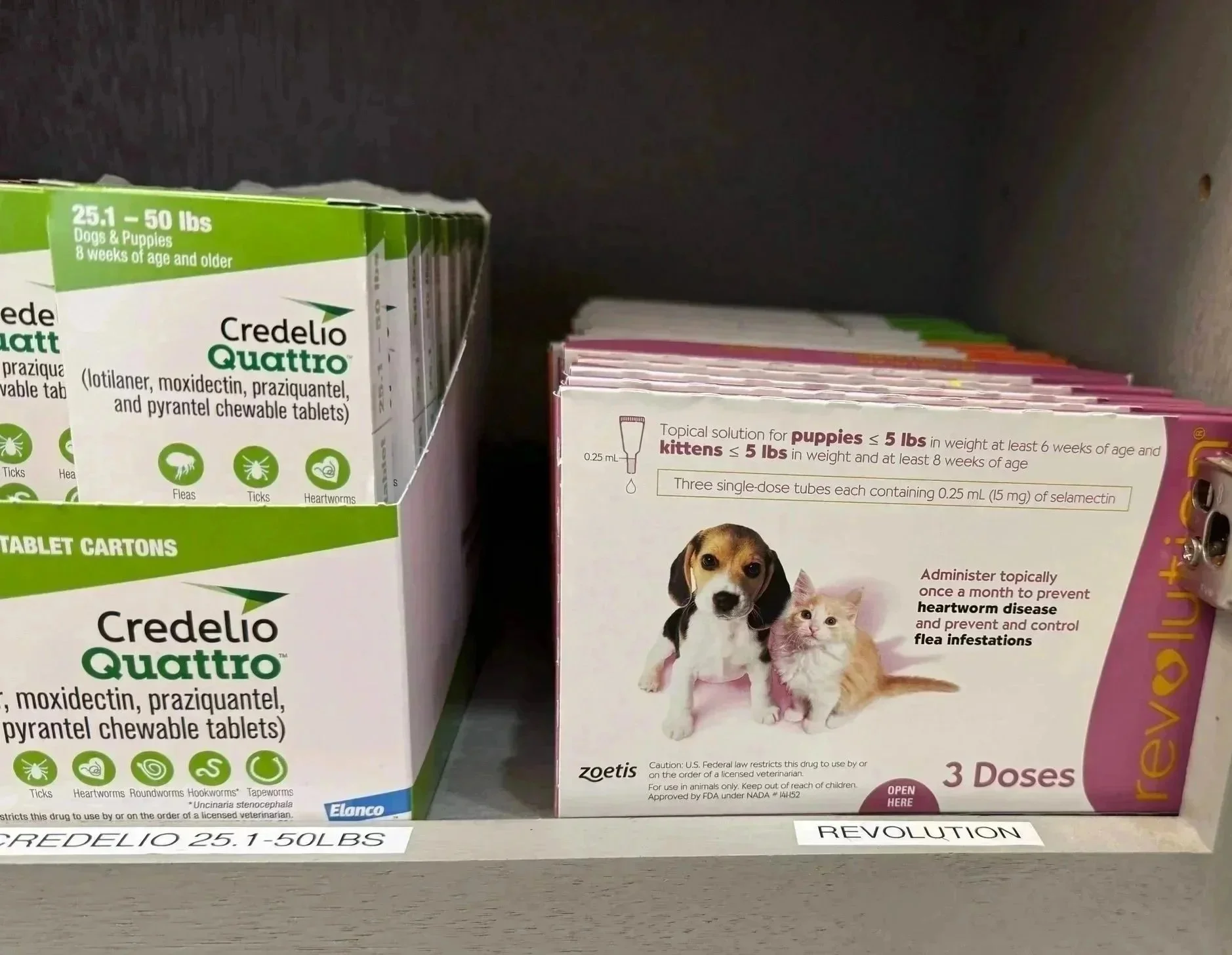Pet prescription products on a veterinary pharmacy shelf at Veterinarian Pet Alliance in Newark, NJ.
