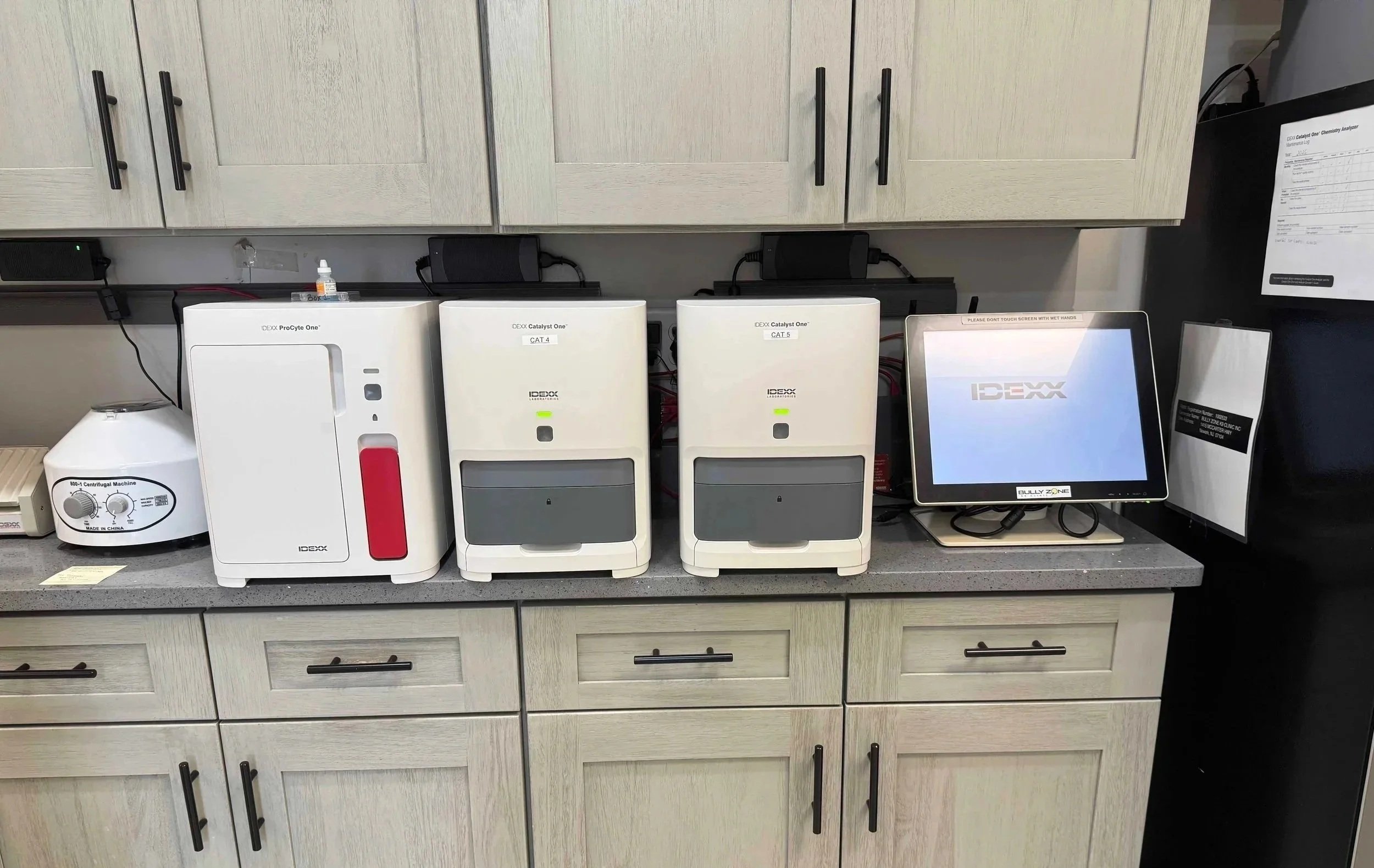 In-house laboratory analyzers at The Veterinarian Pet Alliance in Newark, NJ, used to support pre-surgery testing for spay and neuter patients.