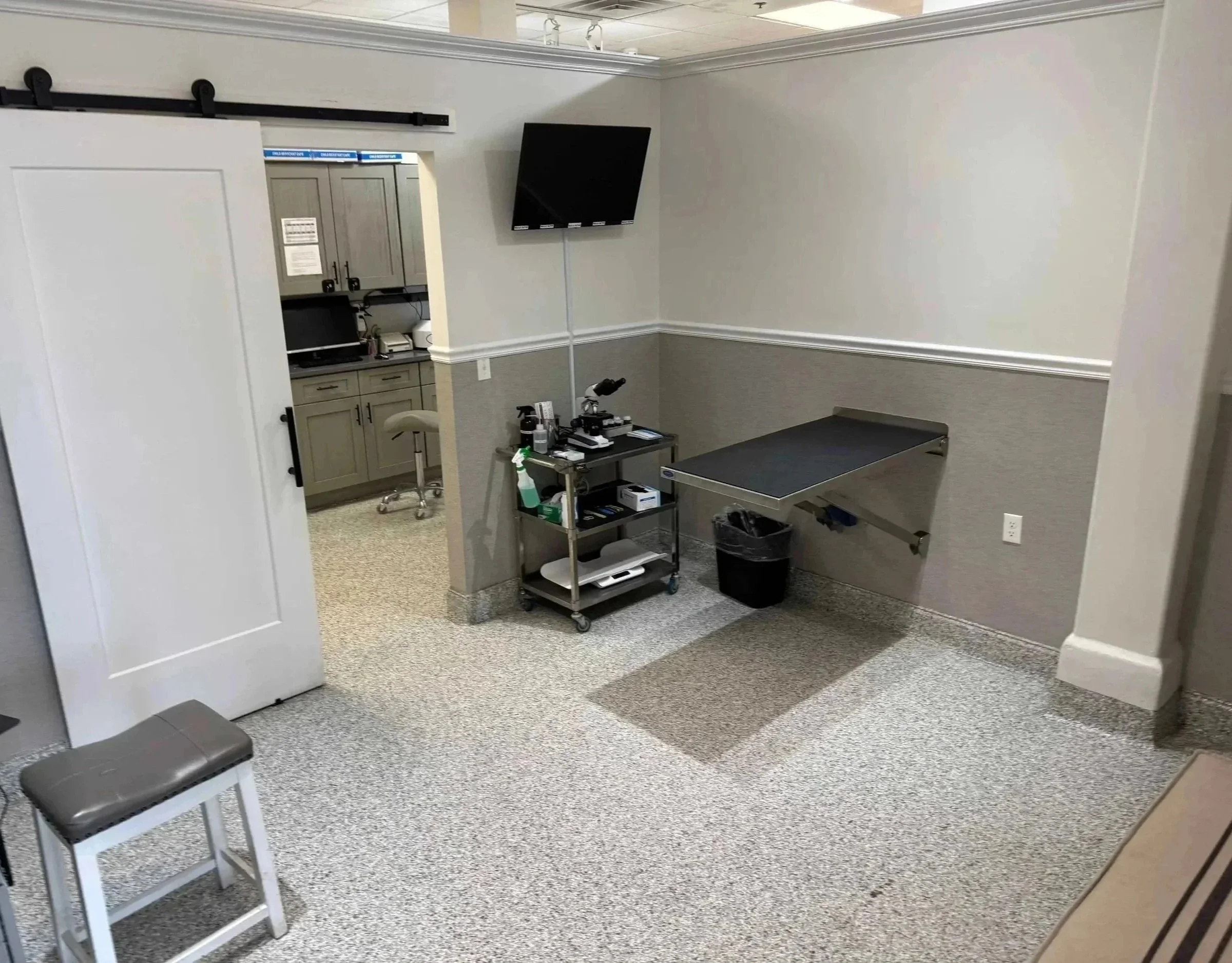 A clean veterinary exam room is prepared for pet medication and preventive care visits at Veterinarian Pet Alliance in Newark.