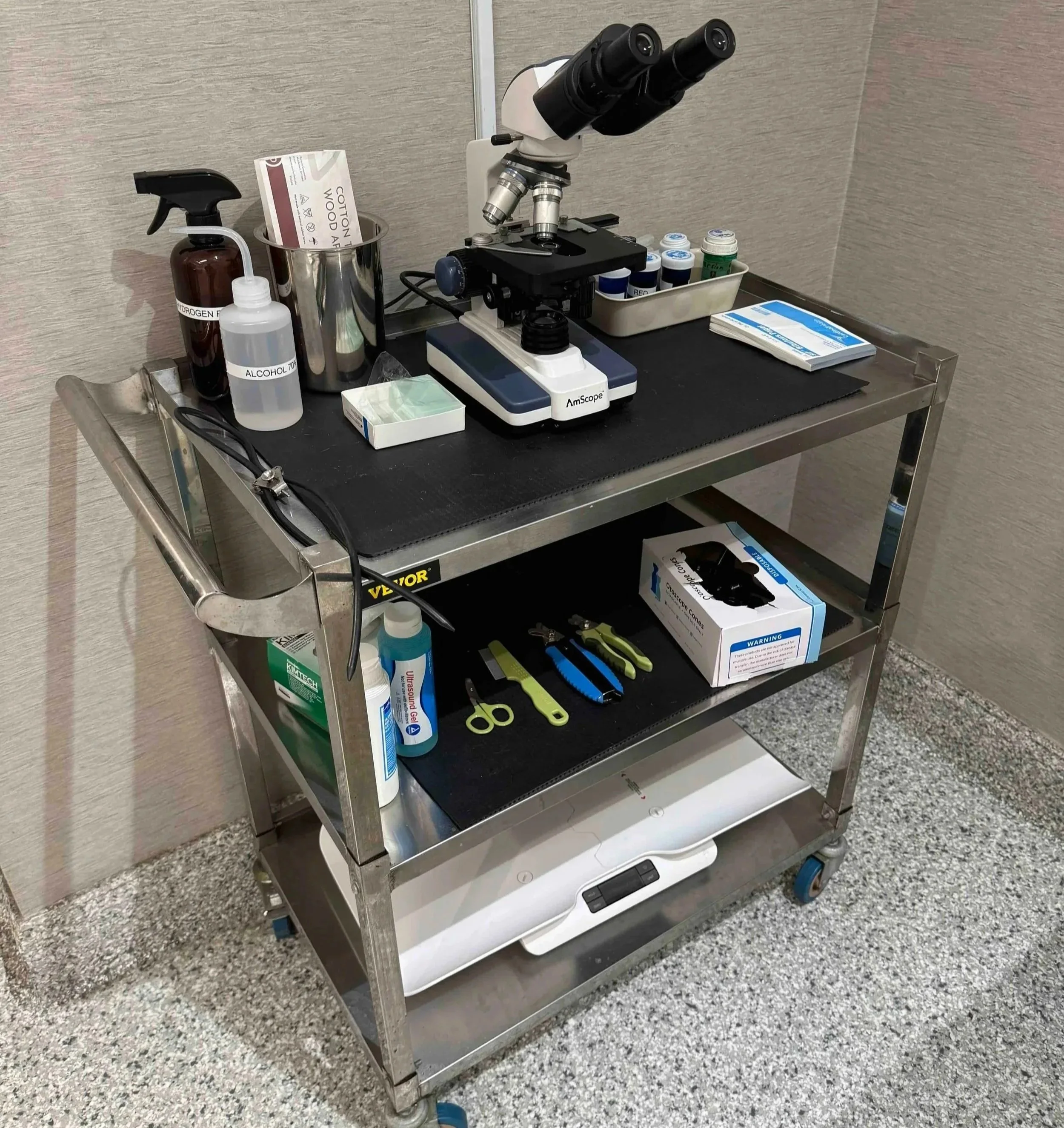 Veterinary cart with supplies used for pet surgery preparation and recovery planning in Newark, NJ.