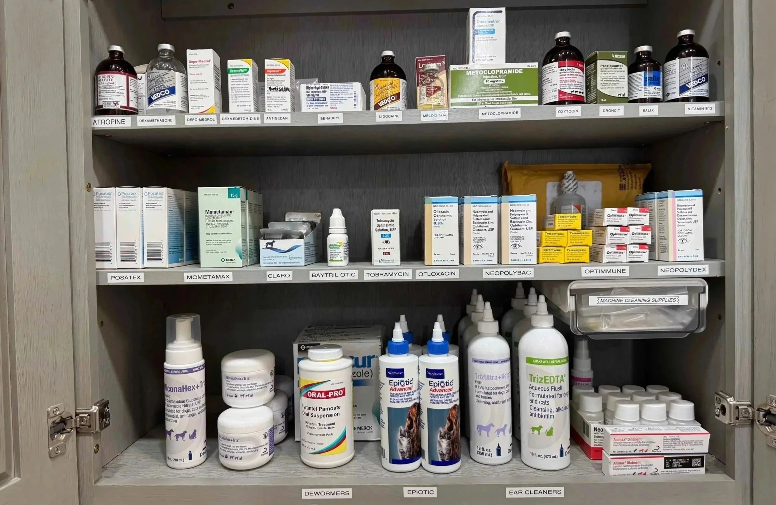 Labeled veterinary medications and topical products are organized at Veterinarian Pet Alliance in Newark, NJ.