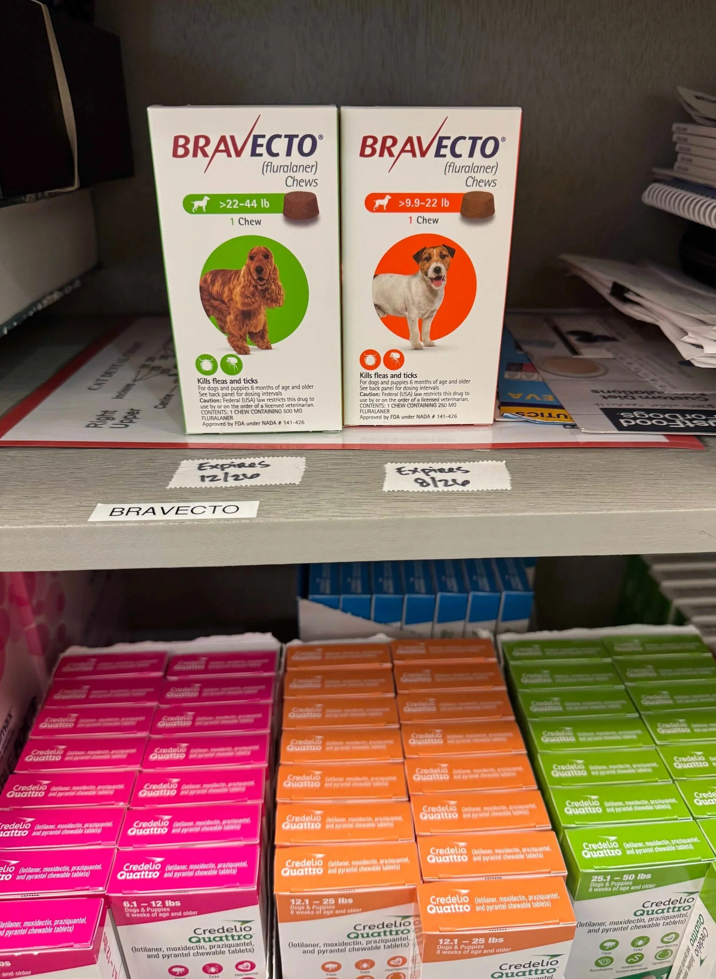 Flea, tick, and parasite prevention products are organized on a shelf at Veterinarian Pet Alliance in Newark.