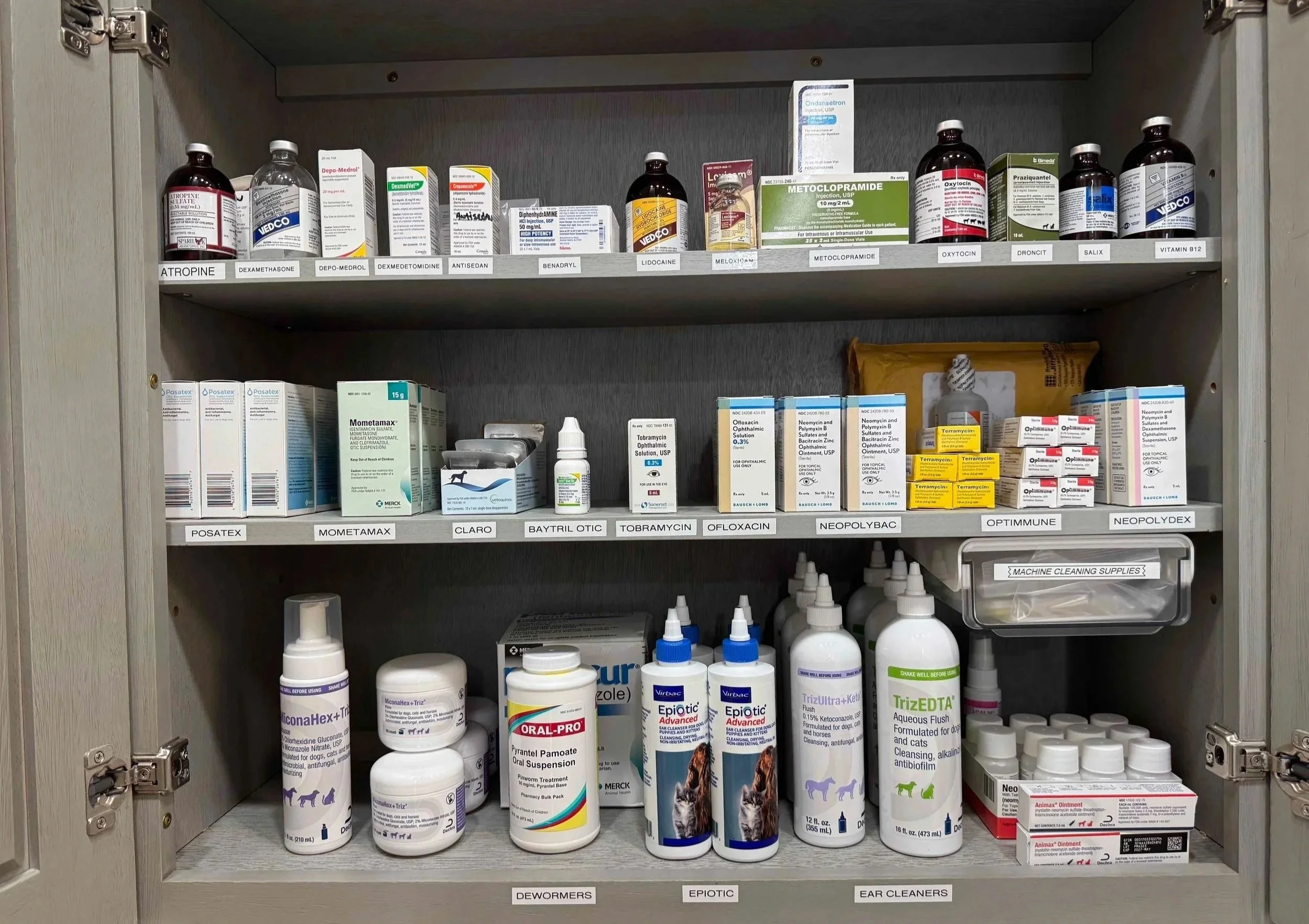 Veterinary medication cabinet includes ondansetron and metoclopramide at Veterinarian Pet Alliance in Newark NJ.