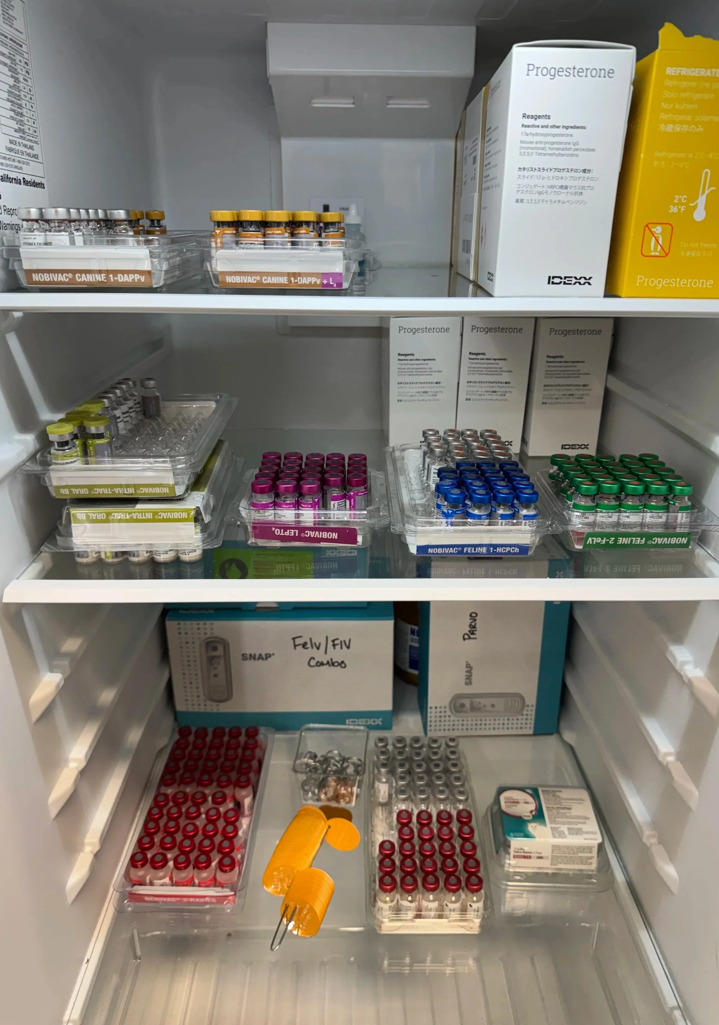 Refrigerated veterinary medications and clinic supplies stored at Veterinarian Pet Alliance in Newark, NJ.