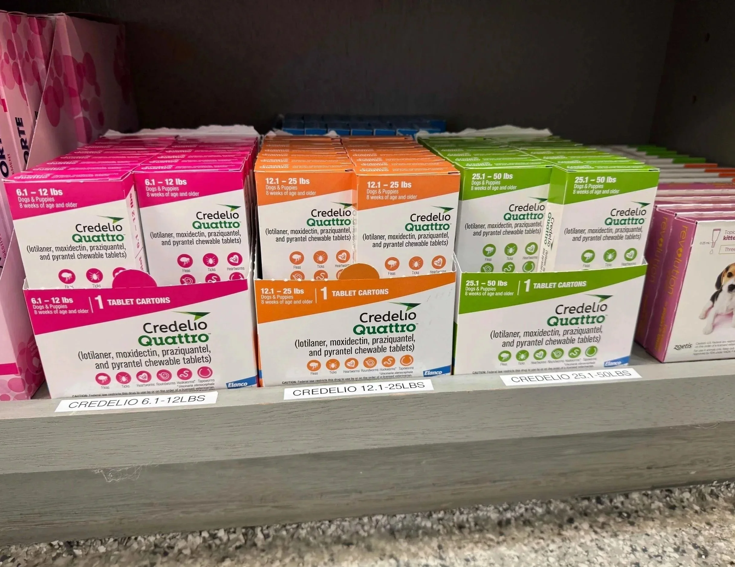 Dog parasite medication boxes are arranged by weight range on a clinic shelf at Veterinarian Pet Alliance in Newark.