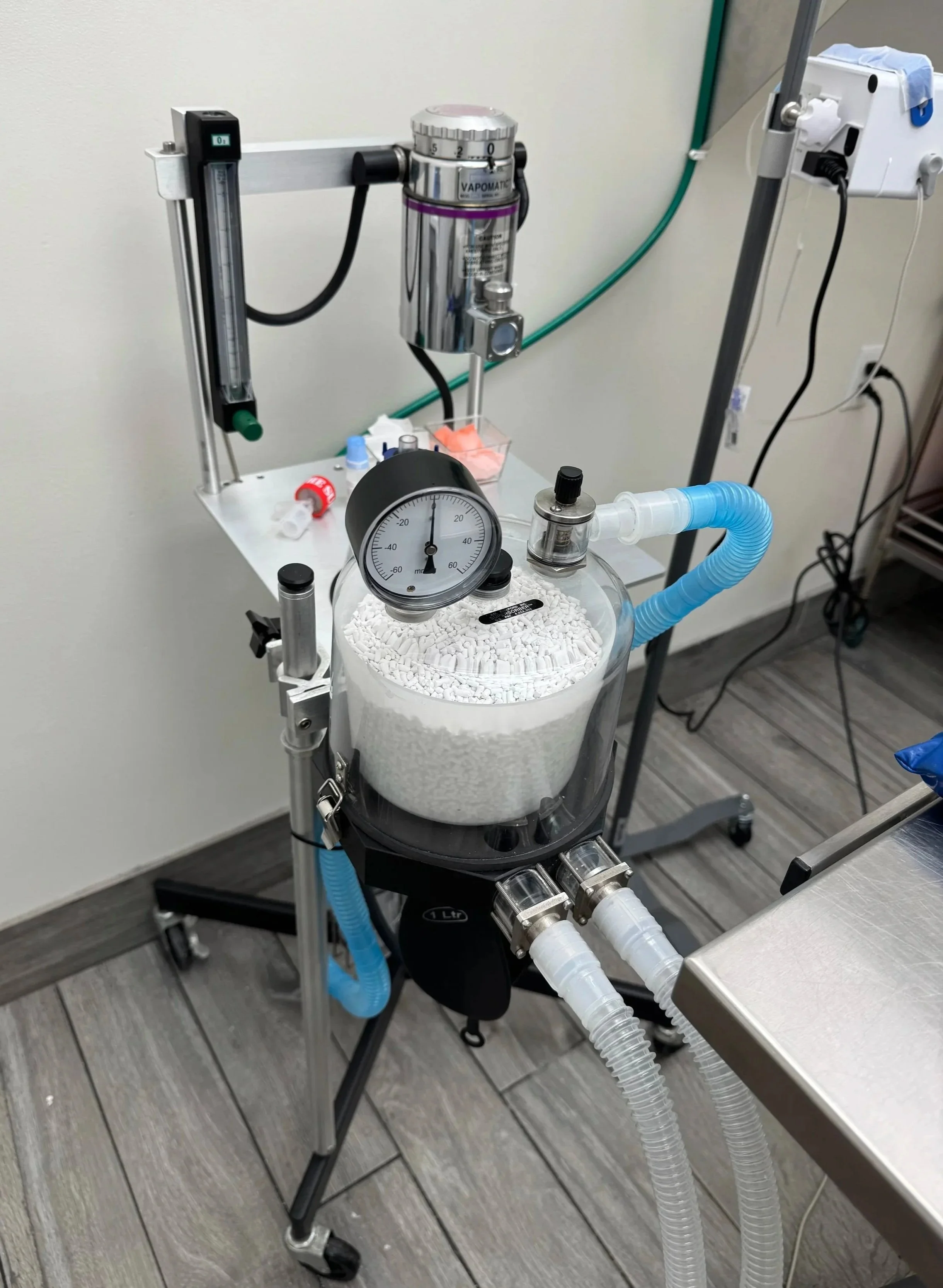 Anesthesia equipment prepared in a veterinary treatment area at The Veterinarian Pet Alliance in Newark, NJ.