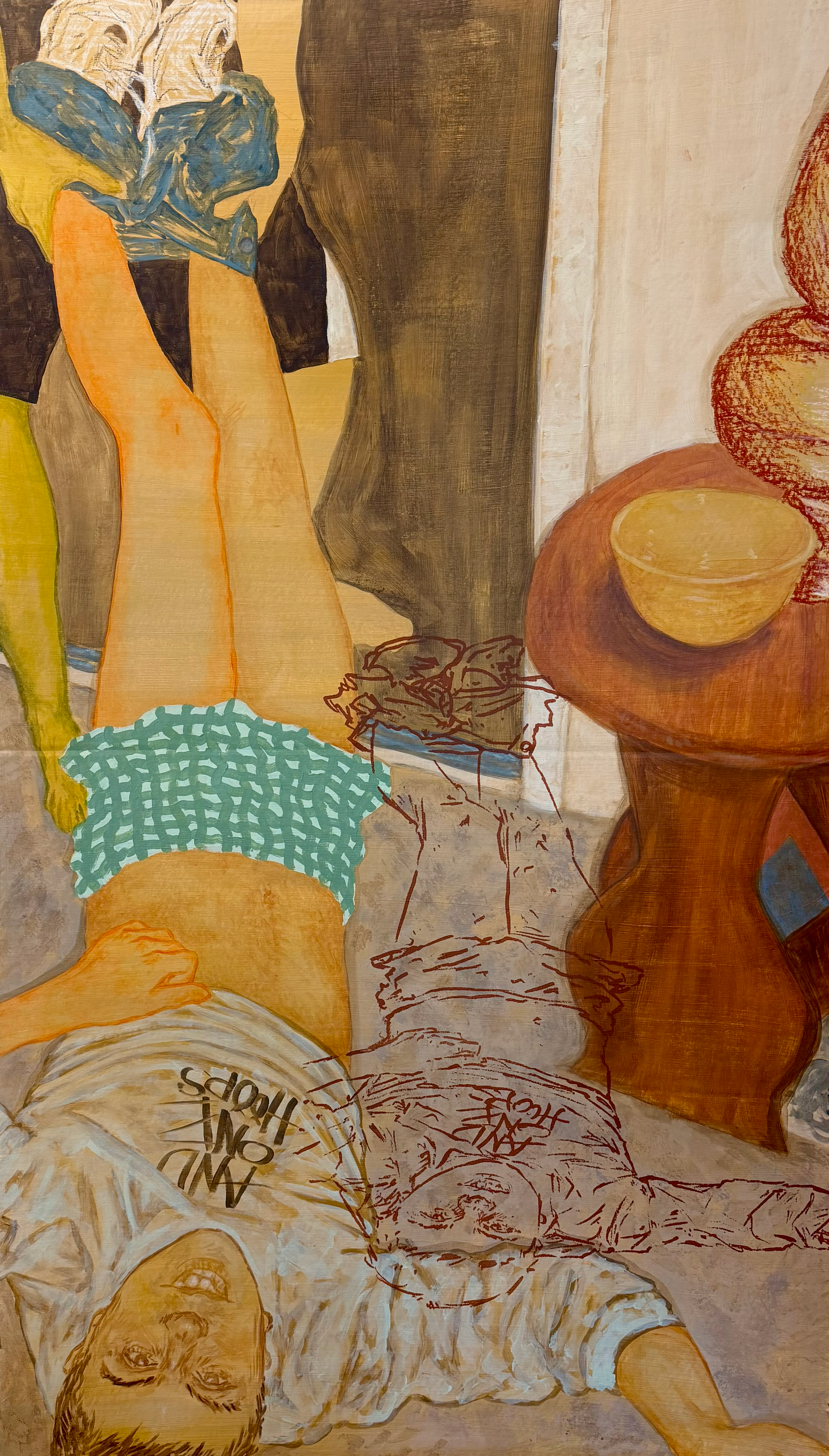 Levi, acrylic, silkscreen &amp; oil pastel on cardboard, 27in×48in