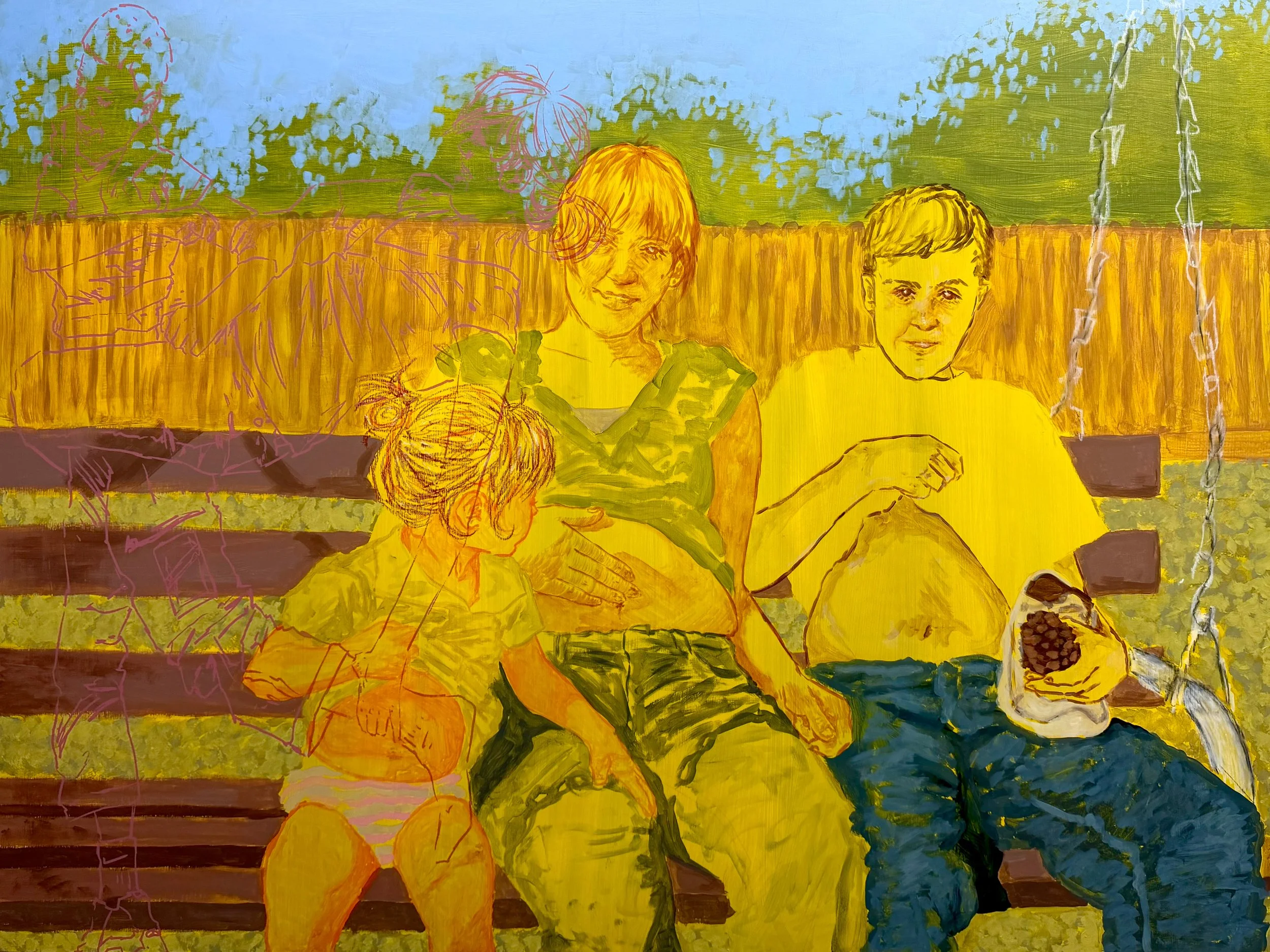 “Sagemont”, acrylic, silkscreen, &amp; oil pastel on hardboard, 36×48in