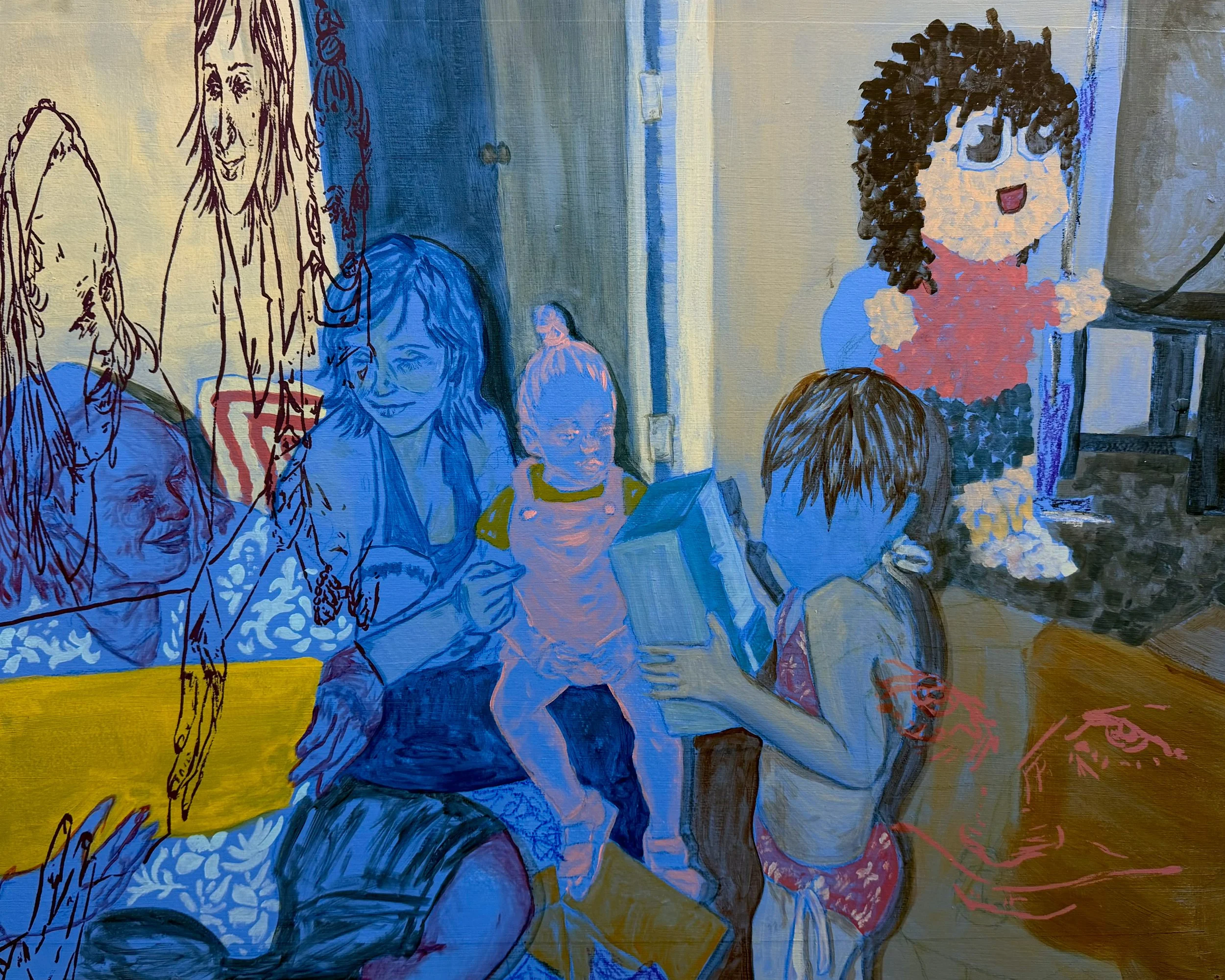 “Brunswick”, acrylic, silkscreen, &amp; oil pastel on hardboard, 24×30in