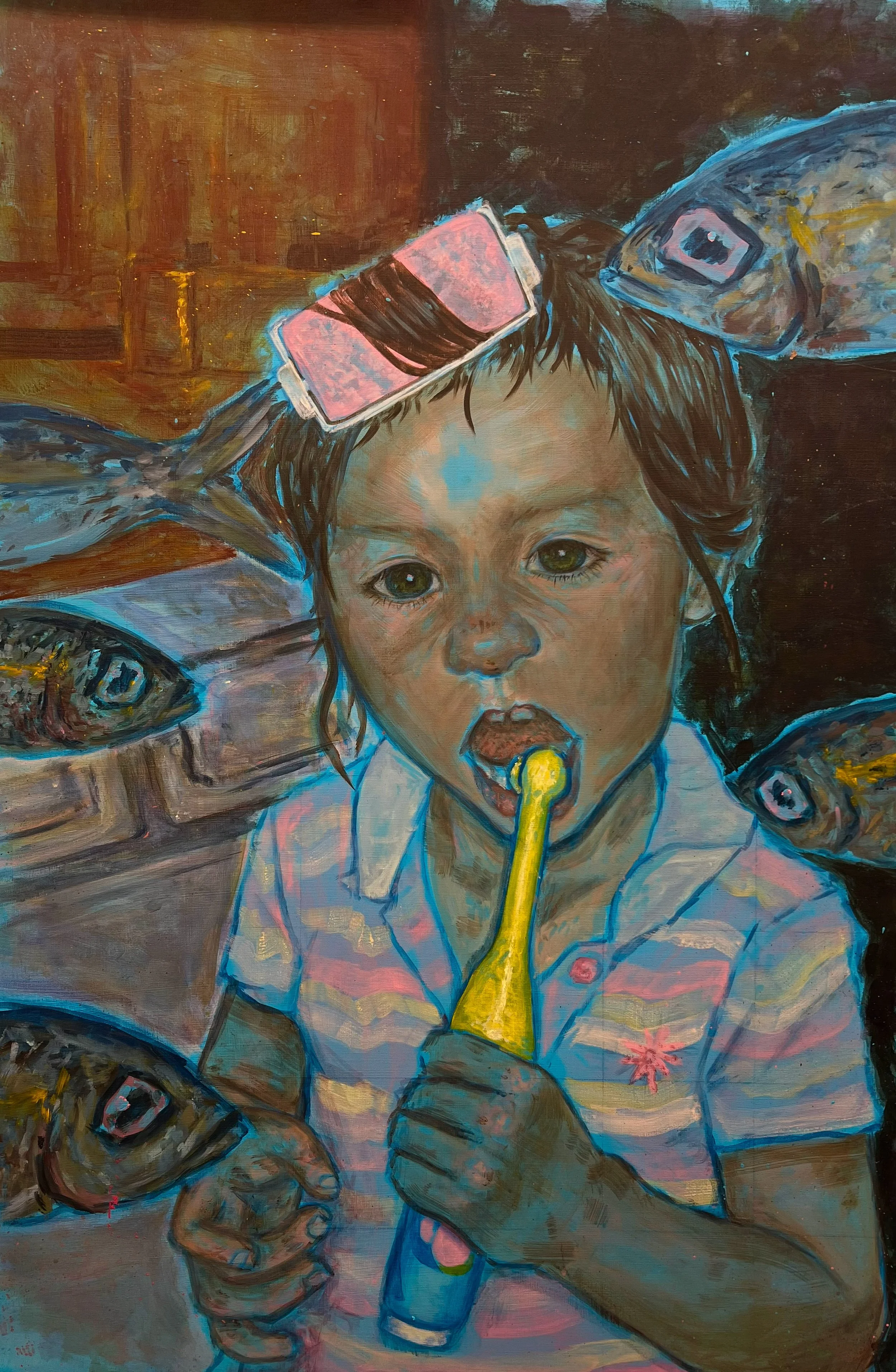 “Brush Yer Teef”, acrylic on hardboard, 24×36in