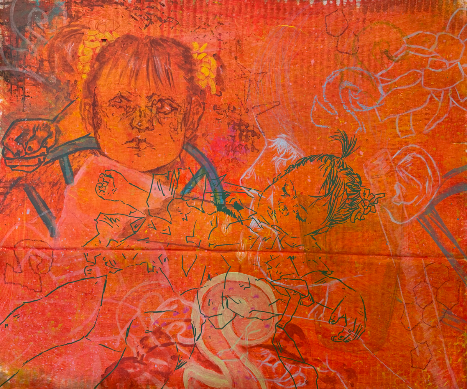 "Jumbled V", acrylic, silkscreen, oil pastel, color pencil, &amp; crayon on cardboard, 20x24"