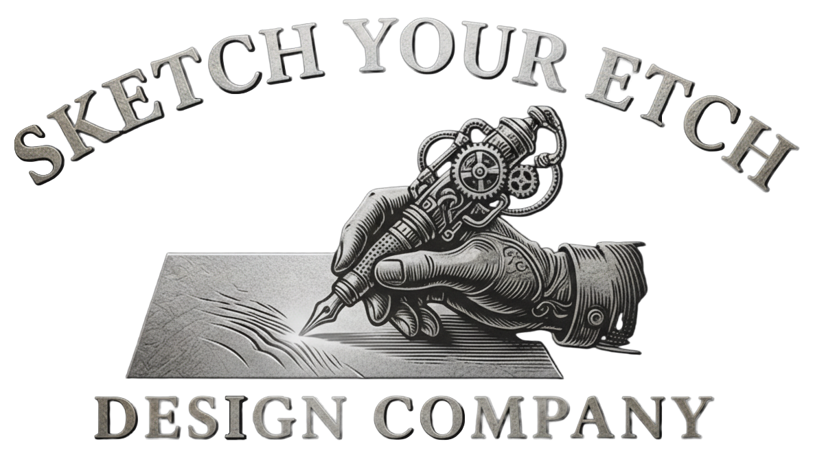 Logo for Sketch Your E-Tech Design Company featuring a steampunk-style robotic hand sketching on paper.