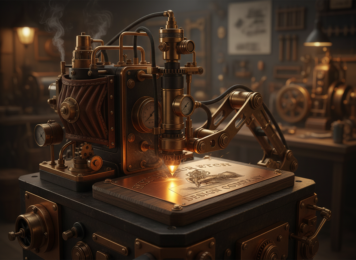 A vintage engraving machine writing on a copper plate in a workshop filled with technical equipment.