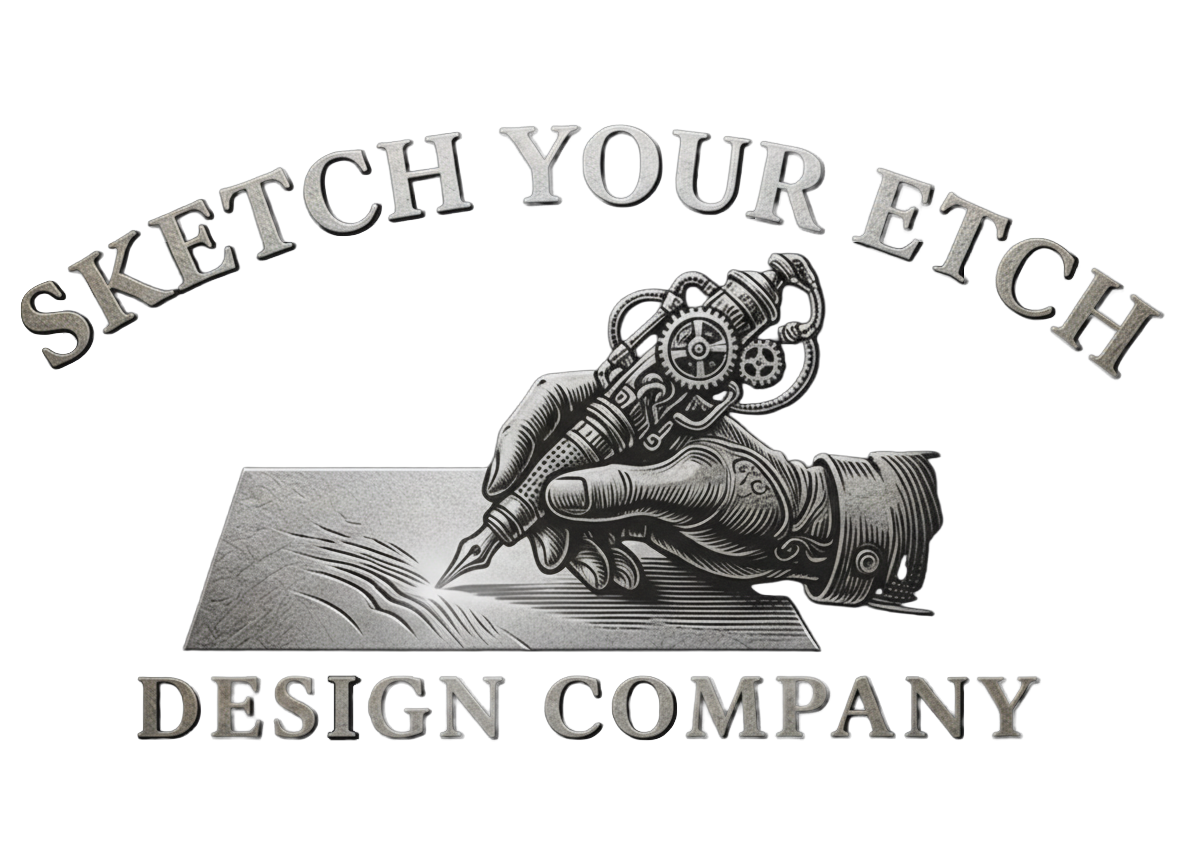 A logo for 'Sketch Your Etch Design Company' featuring a vintage steampunk-style hand holding a tattoo machine, with the company name arched above and below the illustration.