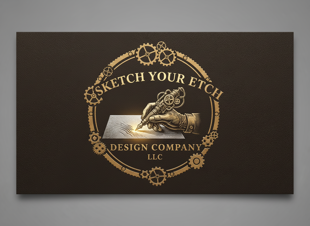 Gold and black logo for Sketch Your Etch Design Company LLC featuring a robotic hand engraving on metal, encircled by gears, with the company name and slogan.