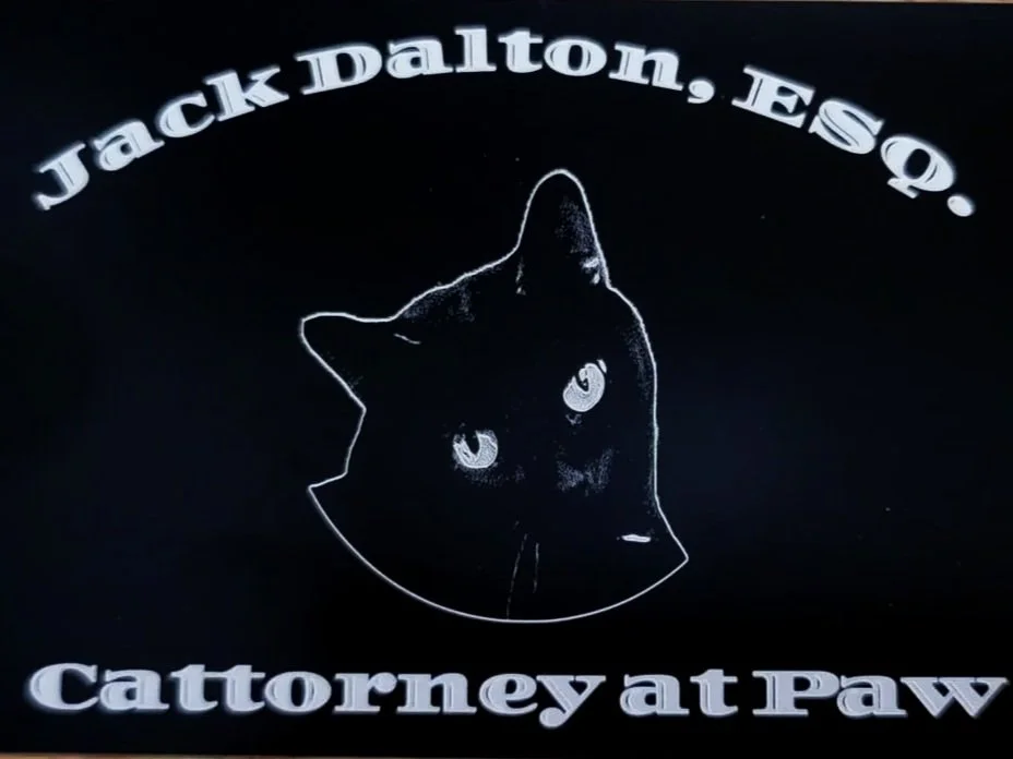 A black background with white text that reads 'Jack Dalton, Esq.' at the top and 'Cattorney at Pawv' at the bottom. In the center, there is a white outline of a black cat's face with detailed eyes, nose, and ears.