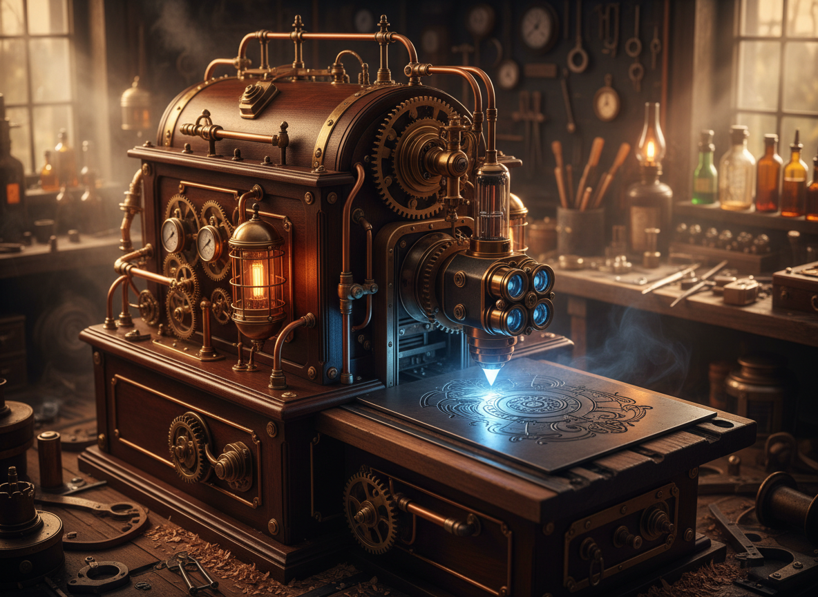 A steampunk-style engraving machine with brass gears and pipes, illuminated by a blue laser, in a vintage workshop filled with bottles, tools, and clocks.