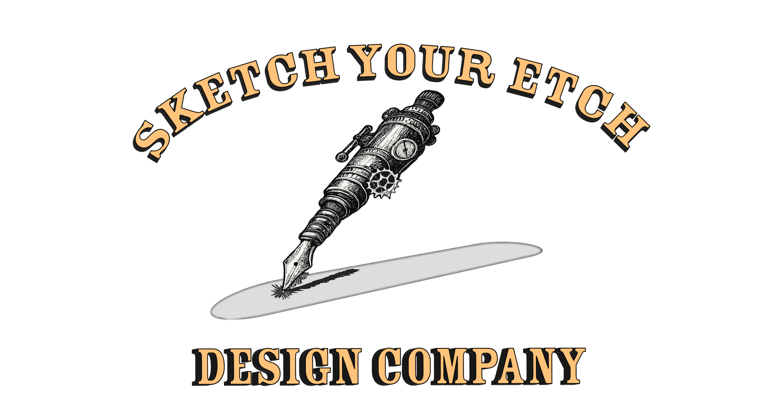 A black and white logo of a design company featuring a vintage fountain pen drawing writing on a surface, with the text 'Sketch Your Etsy' above and 'Design Company' below in beige letters.