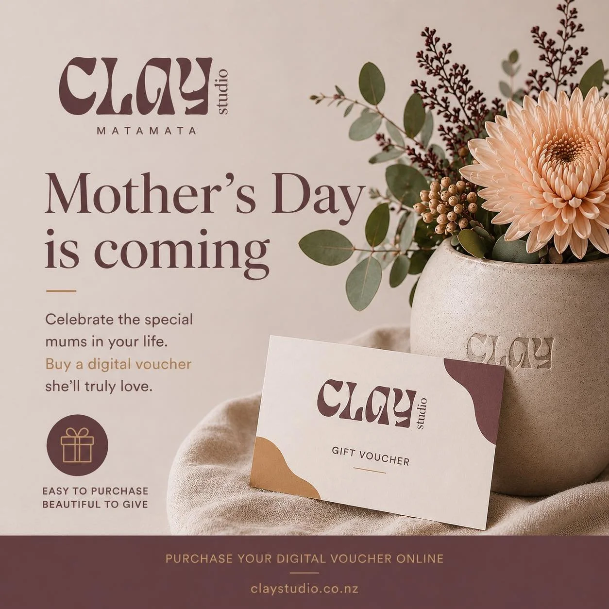 Mother&rsquo;s Day is coming.
If you&rsquo;re looking for something a little more meaningful, a Clay Studio face massage voucher is a beautiful way to gift rest, care, and time to unwind.

Digital vouchers available at claystudio.co.nz/store/p/gift-c
