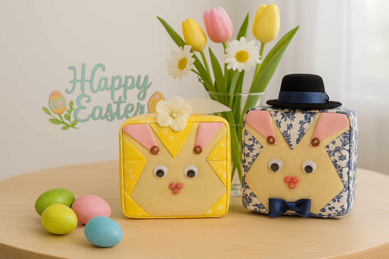 Easter Bunny Cube Pair – Handmade Spring Shelf Sitters