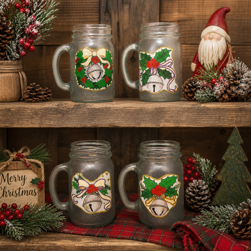 Hand‑Painted Frosted Christmas Bell Mugs - Set of  4