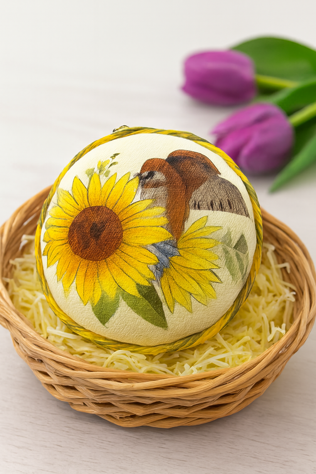 Decorative egg with a painted bird and sunflower design in a wicker basket with shredded paper and purple tulips in the background.