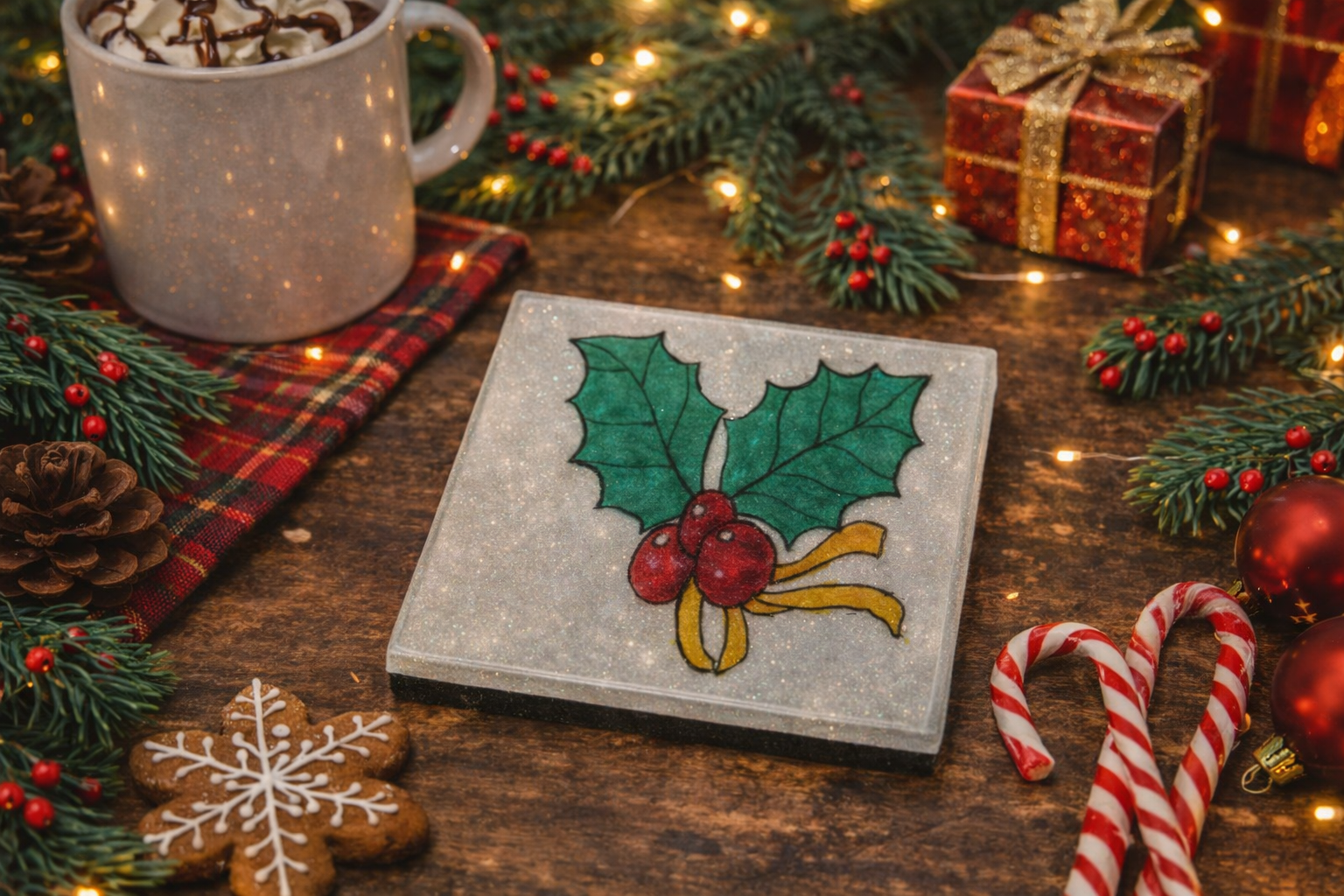 Holly Quartet Holiday Tile Set – Hand‑Painted Felt‑Backed Christmas Coasters