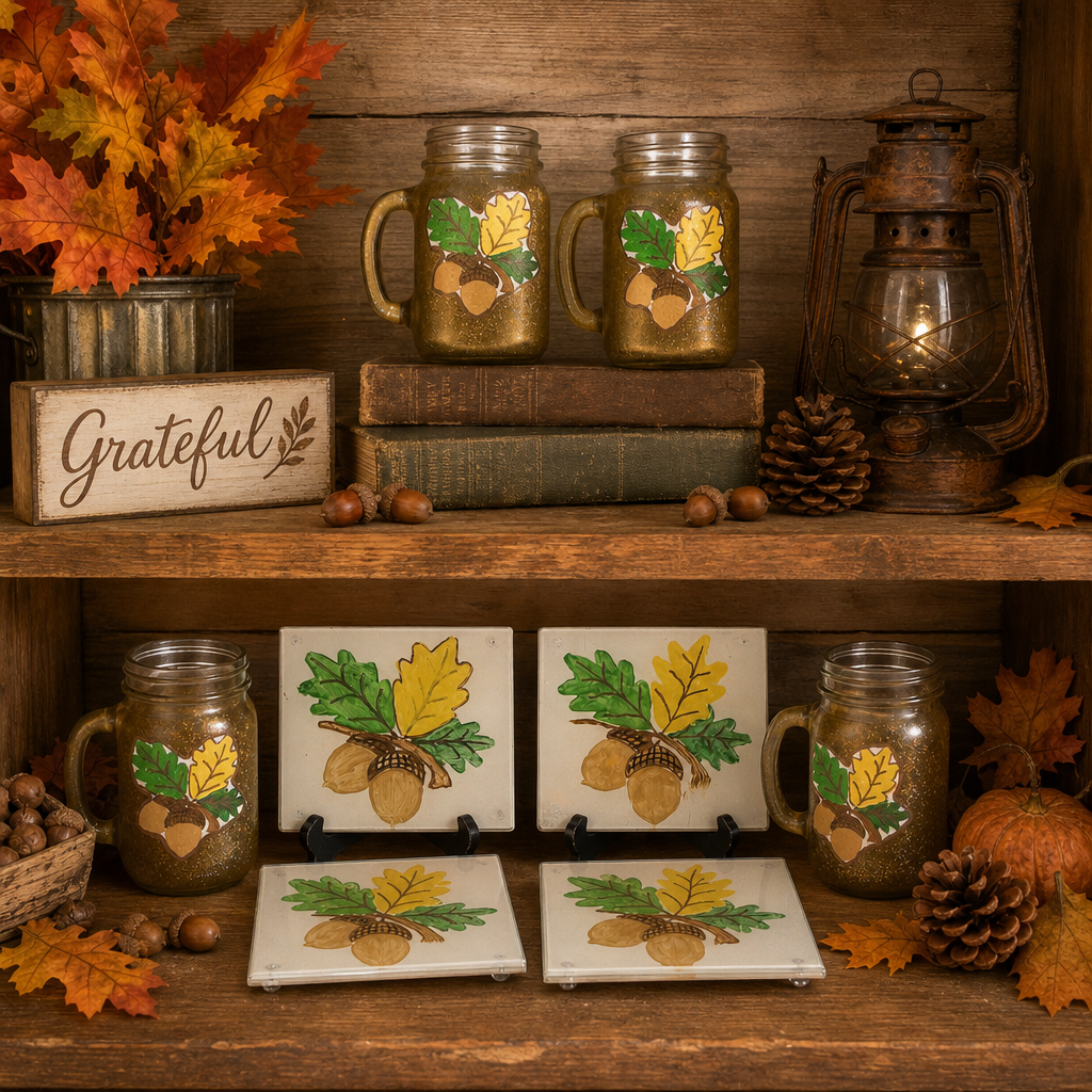 Autumn Acorn Legacy Collection - 8 Piece Handpainted Mug and Trivet Set