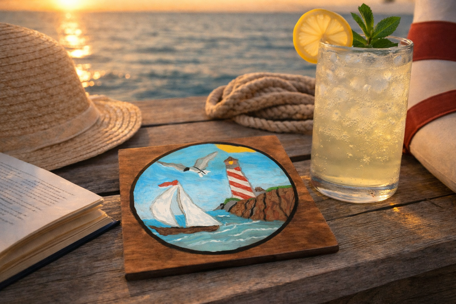 Hand‑Painted Lighthouse & Sailboat 5x5 Glass Tile Coaster