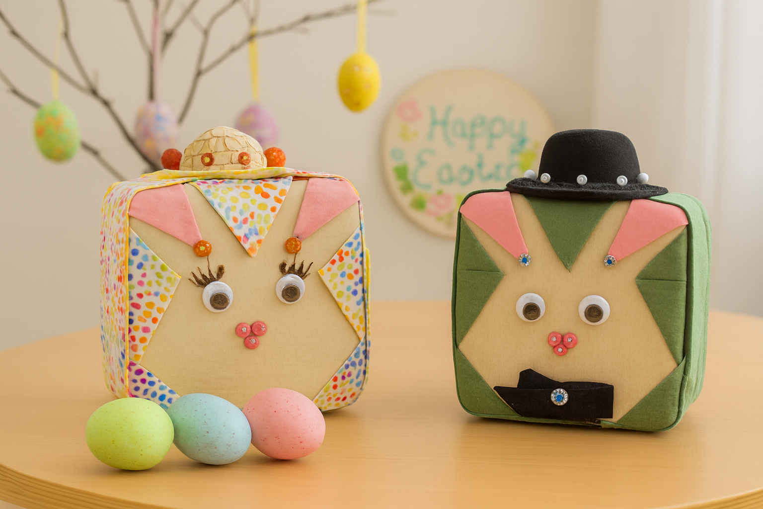 Whimsical Easter Bunny Duo – Handmade Fabric Characters for Spring