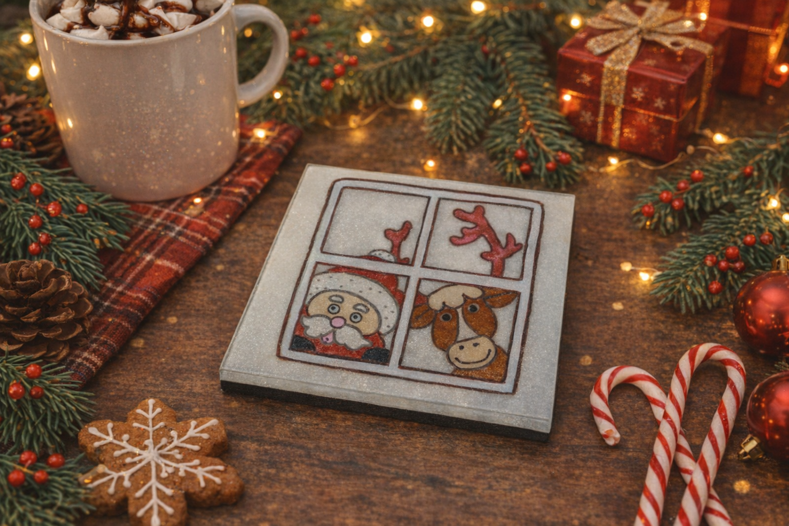 Santa’s Cozy Window Peek – 5x5 Felt‑Backed Christmas Coaster