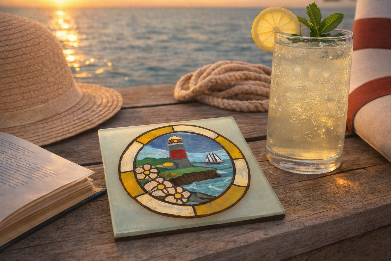“Daisy Lighthouse” Hand‑Painted 5x5 Glass Tile Coaster