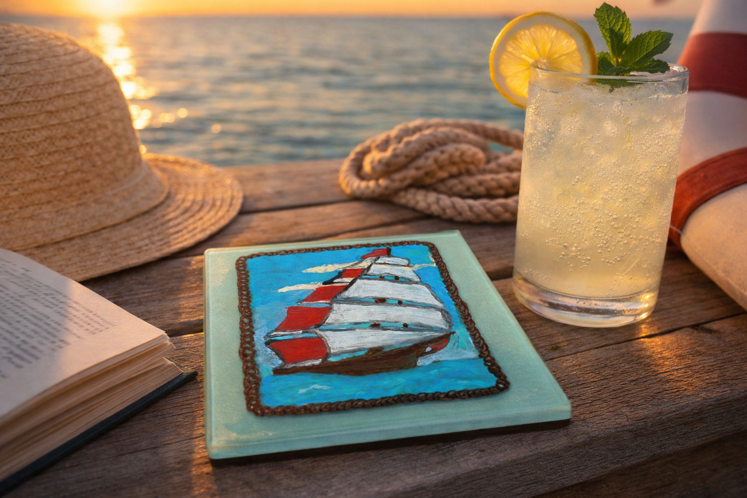 Hand‑Painted Clipper Ship 5x5 Glass Tile Coaster