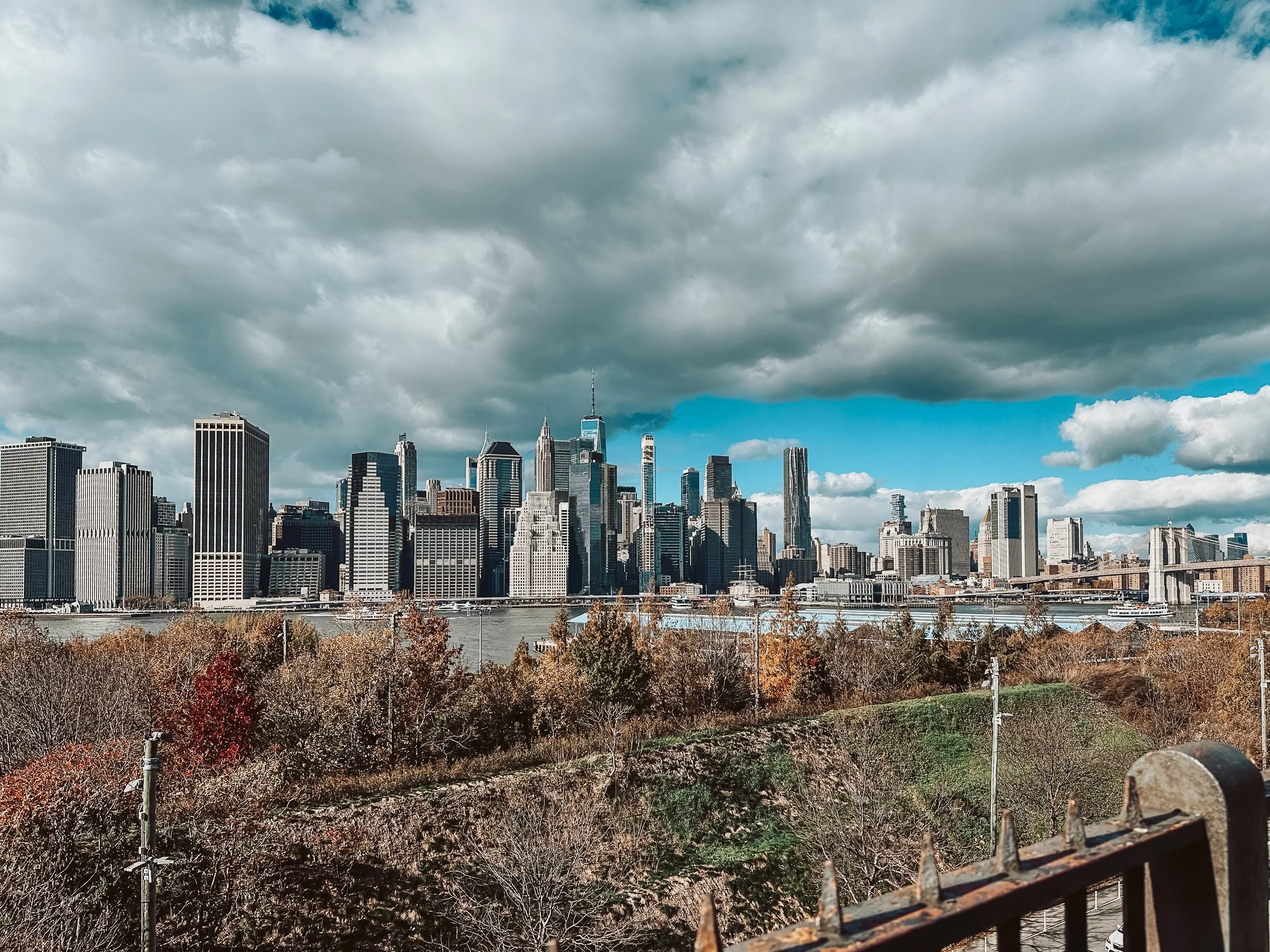 View of a city skyline with tall skyscrapers under a partly cloudy sky, with autumn-colored trees and a river in the foreground.