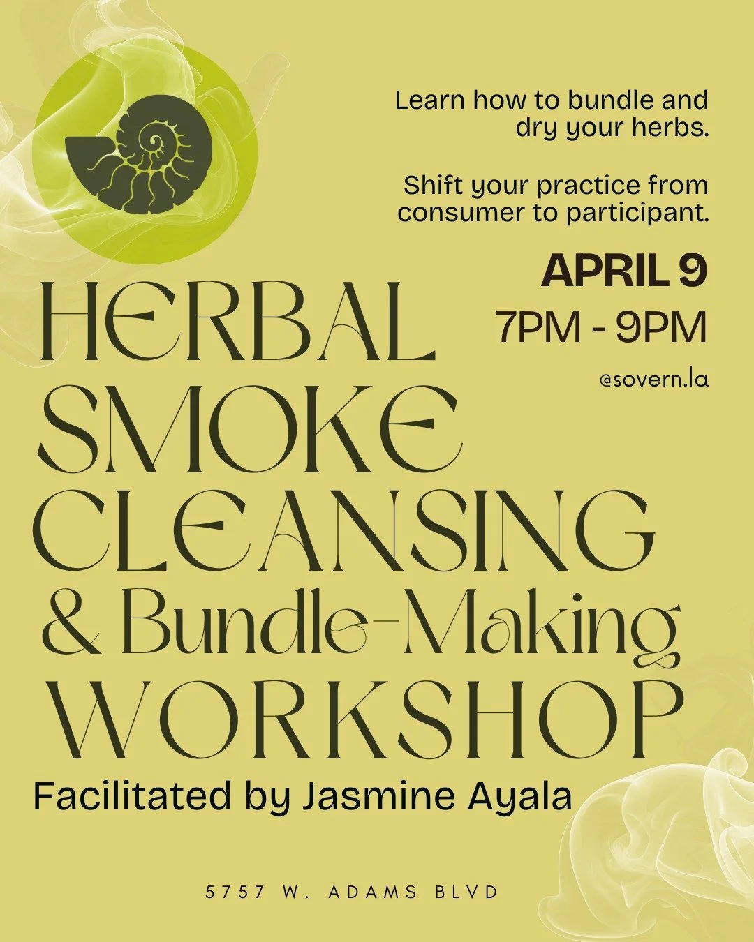 In this hands-on workshop, participants will learn to craft their own herbal smoke bundles while exploring the spiritual significance of smoke cleansing. We will discuss the overharvesting of white sage in Southern California and explore alternative 