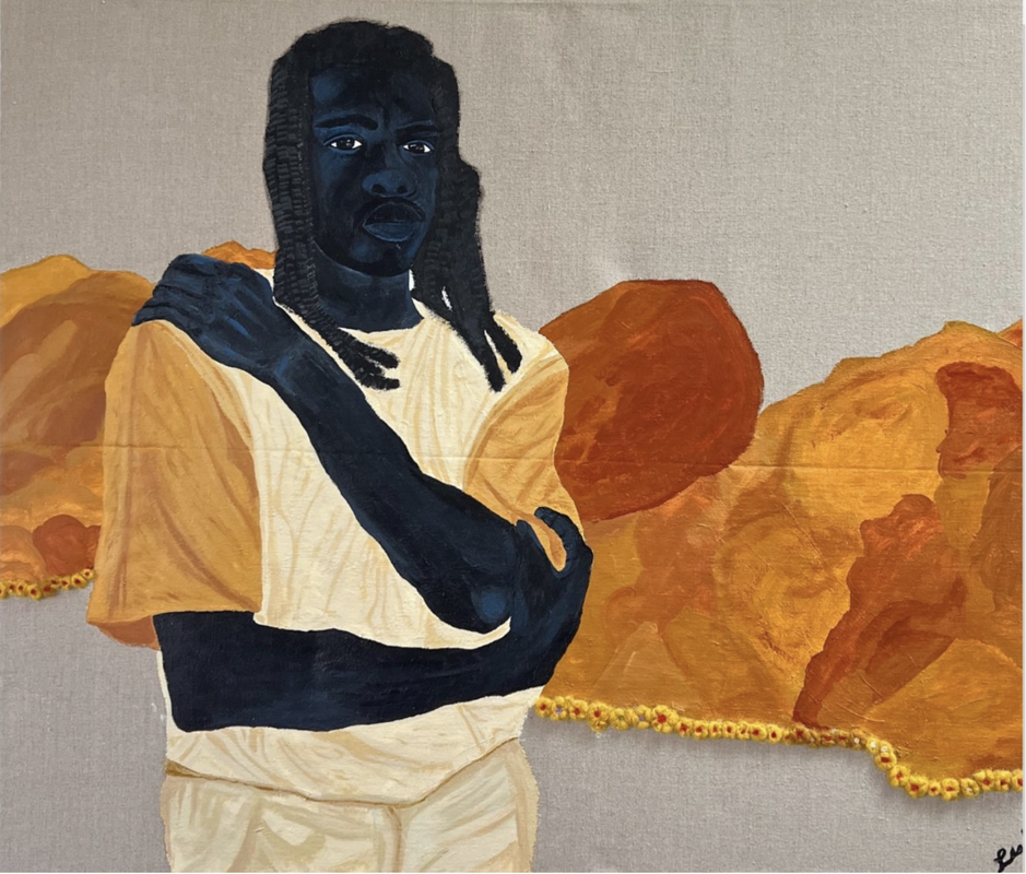 Image of a black man embracing himself against an orange/gold design in the grey background. Artwork is titled "Between a Rock" by artist Leslie Adkins.