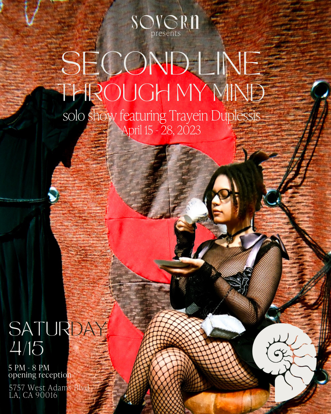 Image of artist Trayein Duplessis sitting and drinking from a cup against a backdrop advertising her solo exhibition titled "Second Line Through My Mind."