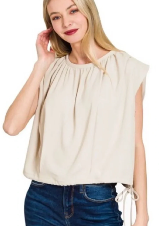 Zenana Drawstring Side‎ Tie Top - Sand