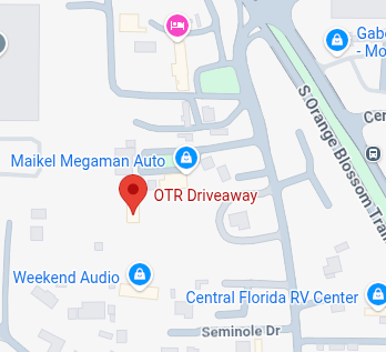 Map showing the location of OTR Driveaway near other businesses such as Maikel Megaman Auto, Weekend Audio, and Central Florida RV Center, with nearby streets including S Orange Blossom Trail and Seminole Drive.