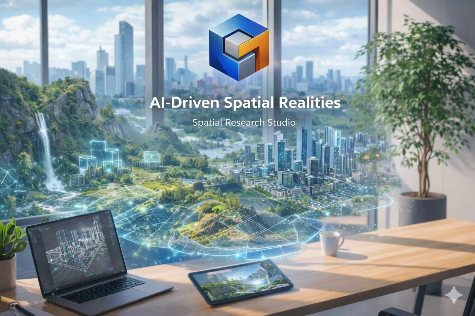 A digital composite of a cityscape with skyscrapers, a lush green landscape with waterfalls, and digital holograms of buildings and data overlaid. The scene is viewed through a large window in a modern office with a wooden desk, laptop, tablet, white mug, and a potted plant. The text reads "AI-Driven Spatial Realities" and "Spatial Research Studio."